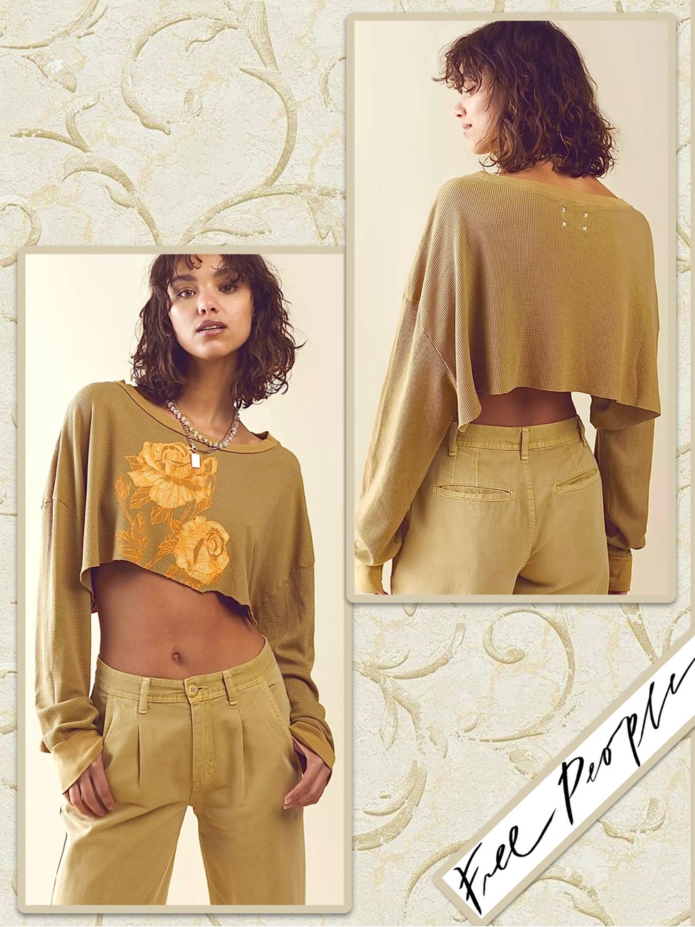 Free People x Vintage Souls Rose Thermal Long Sleeve in Army (Olive Green, Gold)